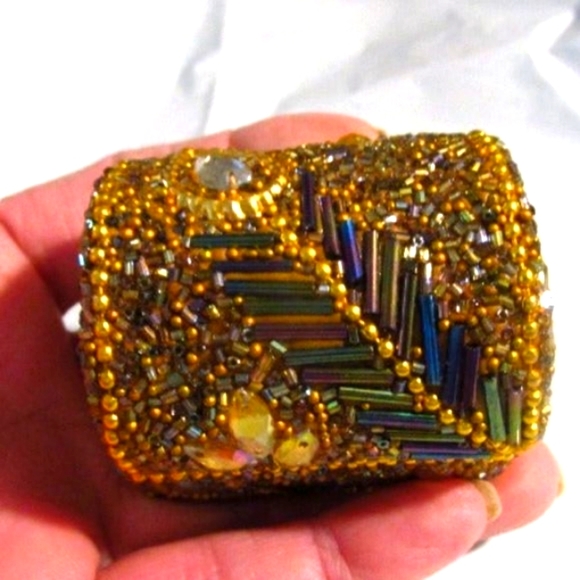 Handmade Abstract Multi Color Gold Jeweled Beaded Trinket Box 2"x1.5"x1.5" - Picture 2 of 6